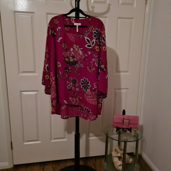 Millers 22 Red Floral Sheer Longsleeves Semi Formal Summer Blouse Tops - Picture 2 of 7